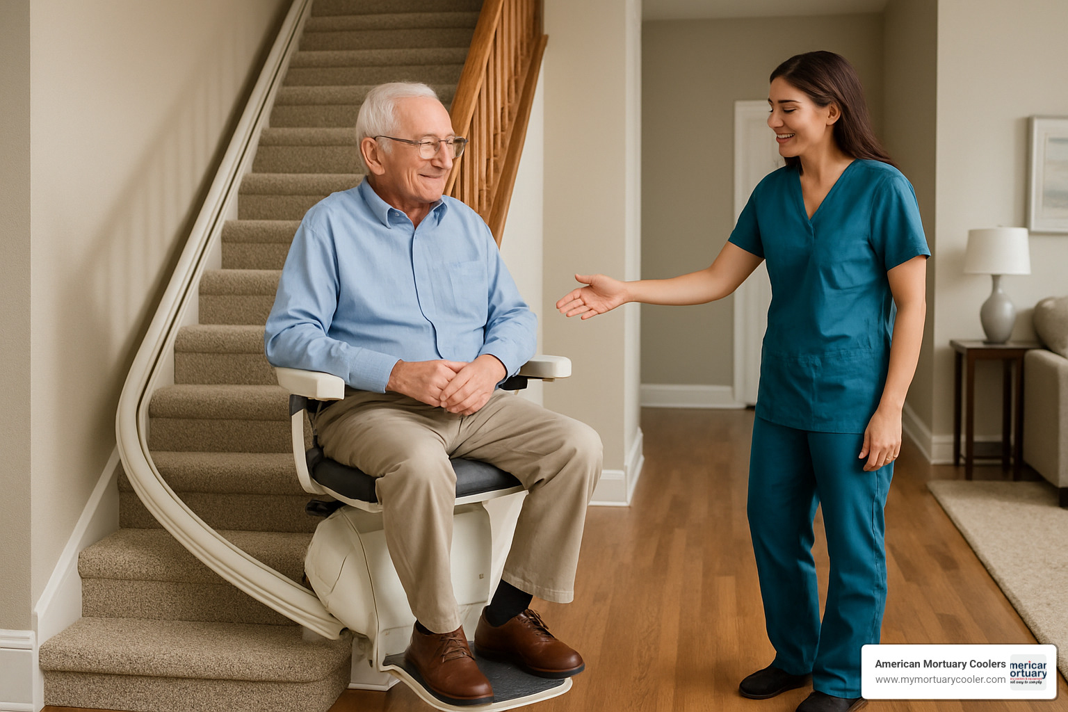 senior using a stair lift with a caregiver nearby - best stair chair lifts