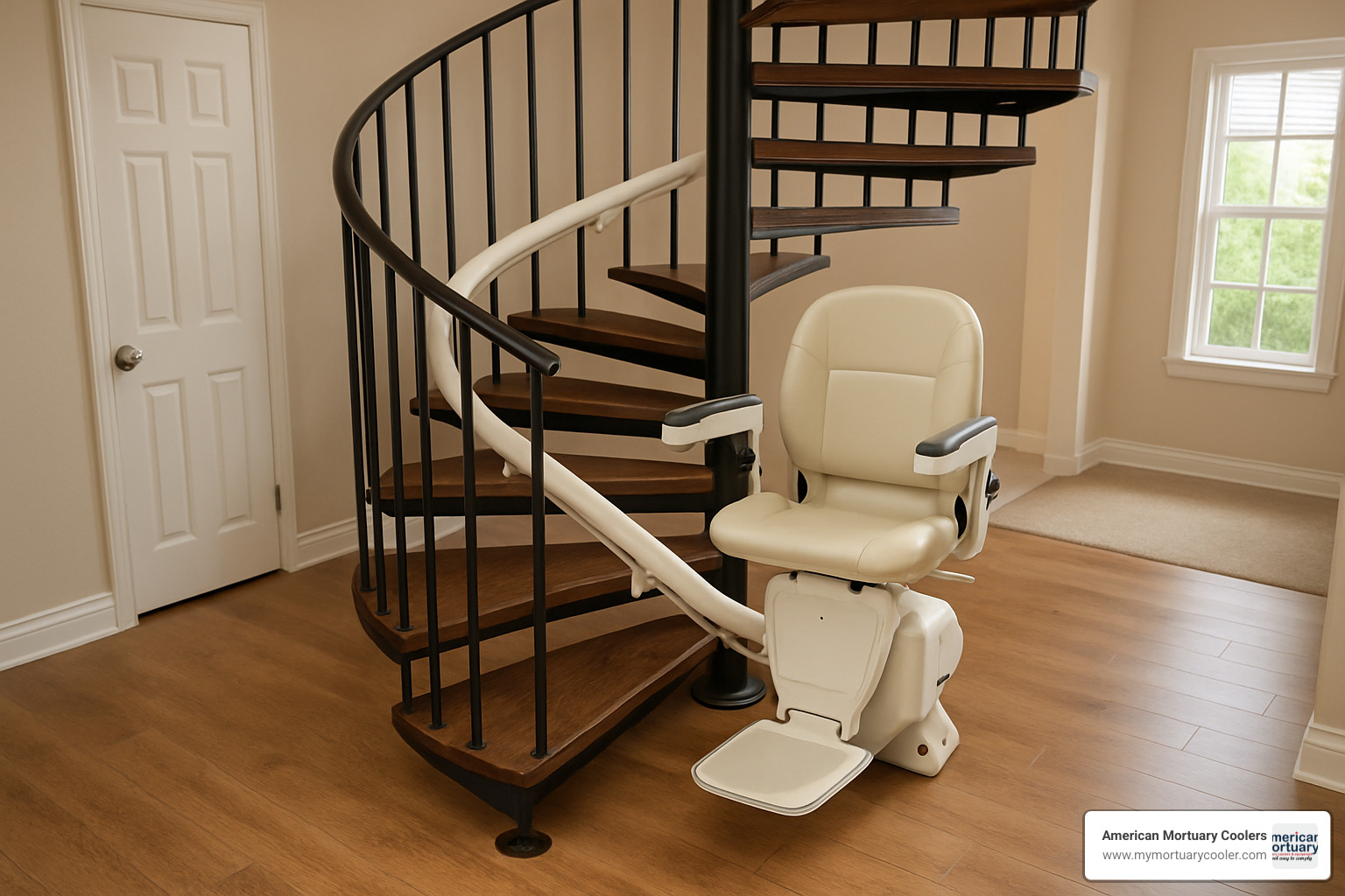 spiral staircase with curved stair lift installed - best stair chair lifts