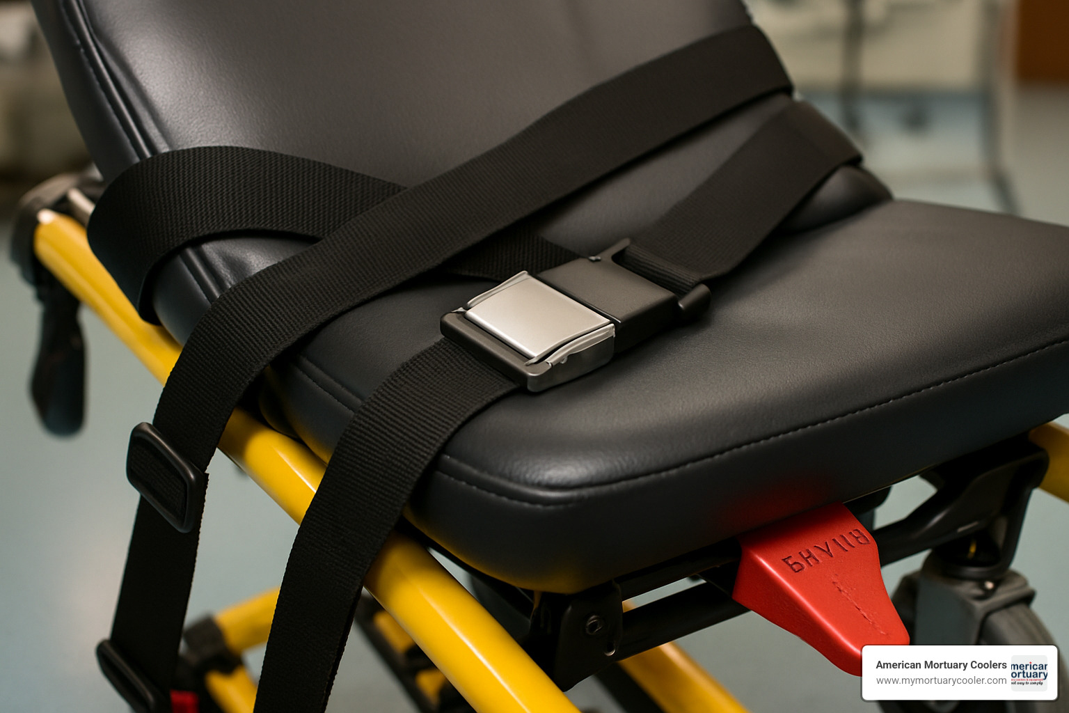 Close-up of safety restraint system and braking mechanism on a modern seat stretcher - seat stretcher