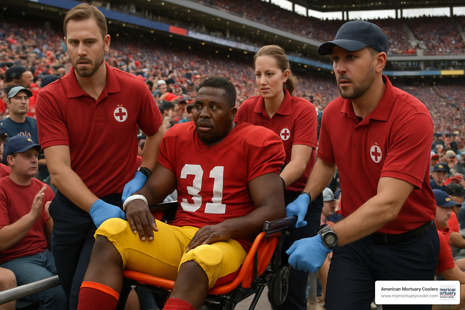 Seat stretcher being used for sports injury transport at stadium - seat stretcher