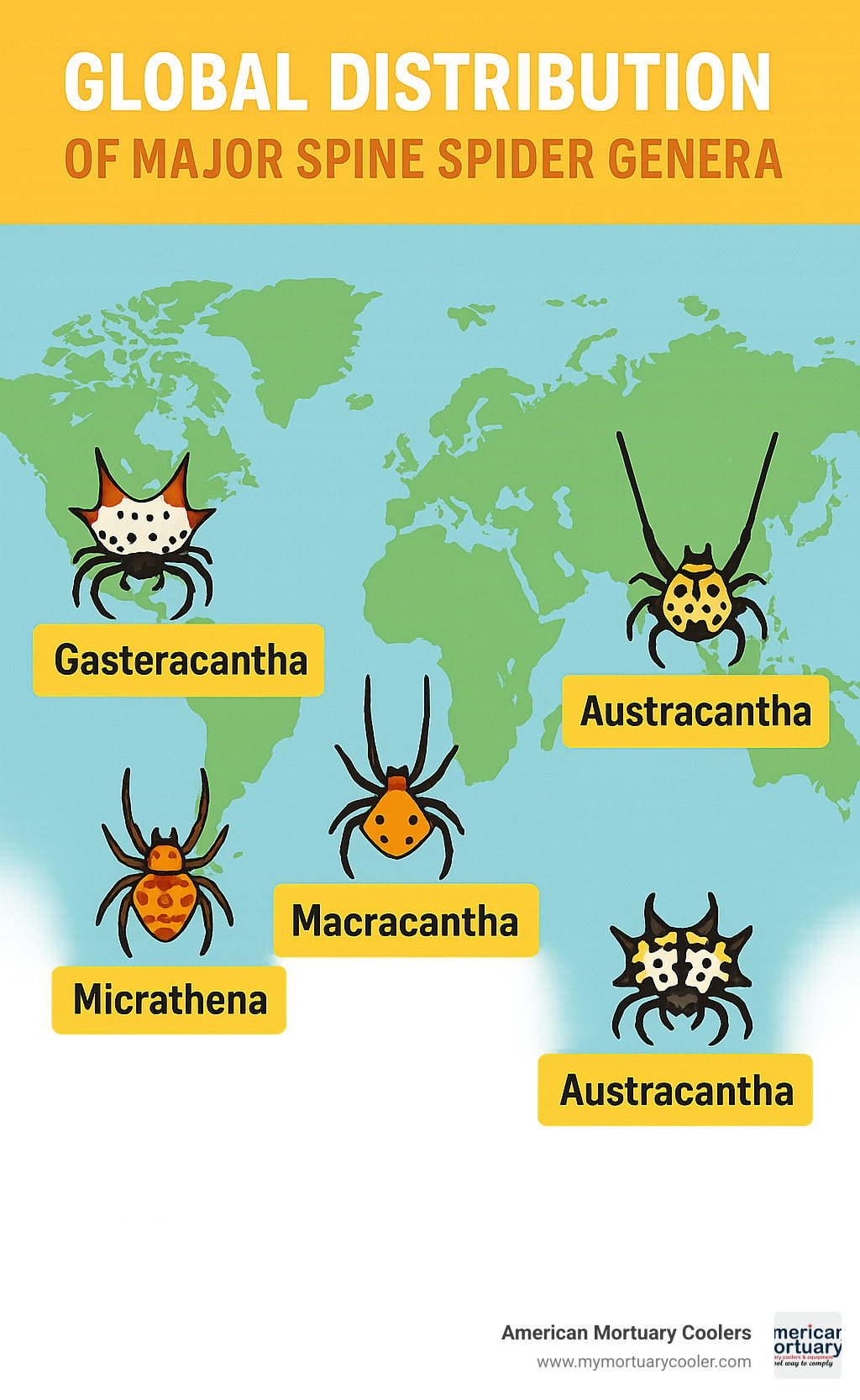 Map showing global distribution of major spine spider genera across continents - spine spider infographic  Map showing global distribution of major spine spider genera across continents - spine spider infographic