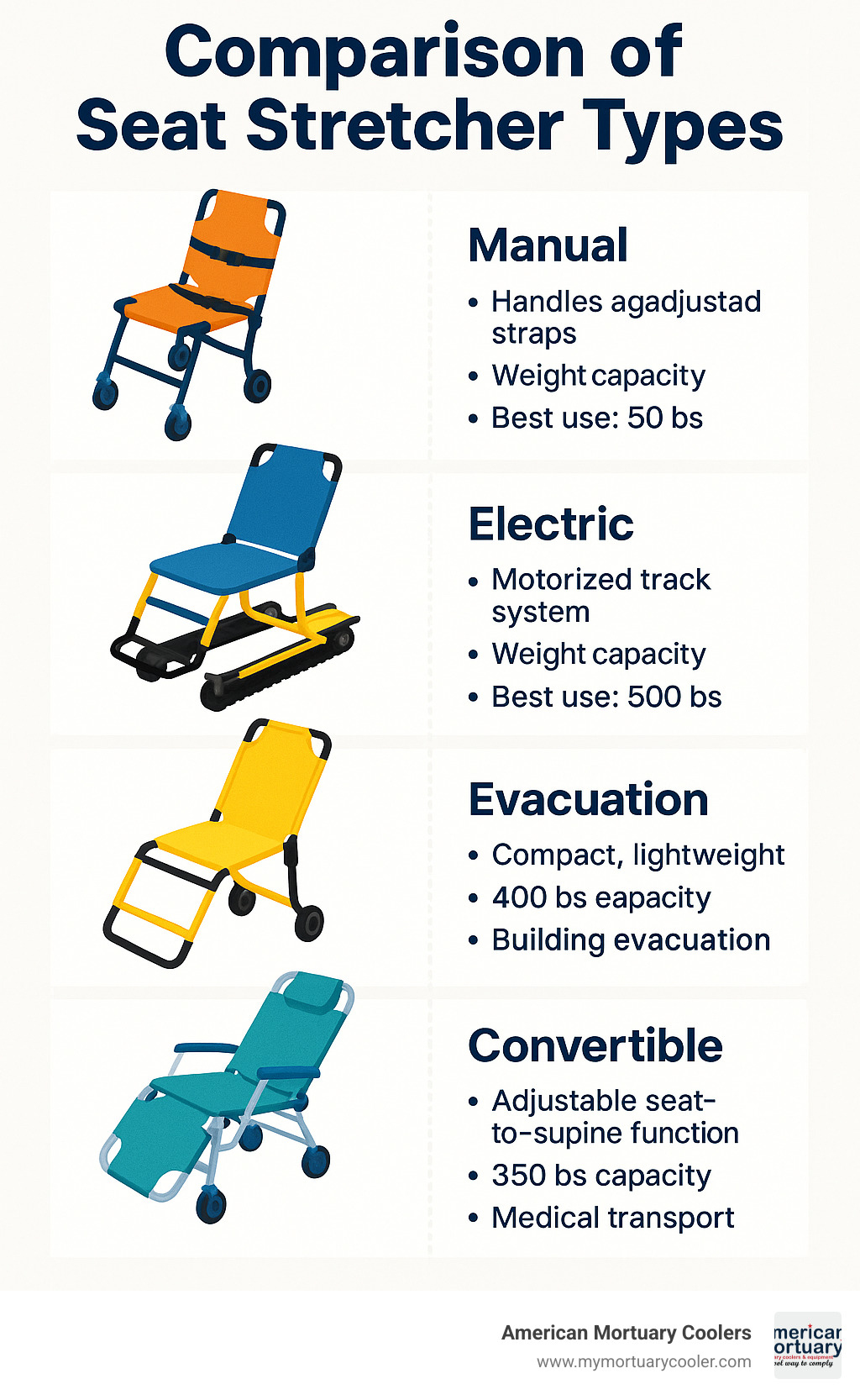 Comparison of different seat stretcher types showing manual, electric, evacuation, and convertible models with their key features, weight capacities, and best-use scenarios - seat stretcher infographic 