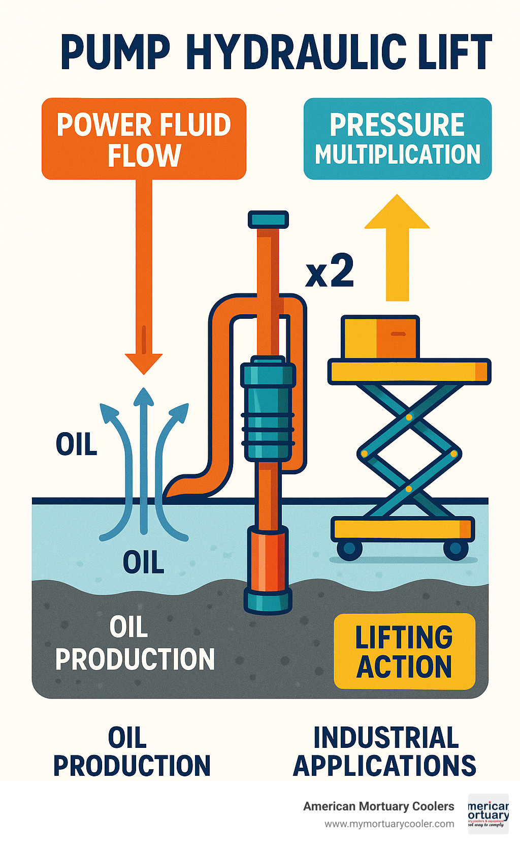 Diagram showing how a hydraulic lift pump works, with power fluid flow, pressure multiplication, and the resulting lifting action in both oil production and industrial applications - pump hydraulic lift infographic 