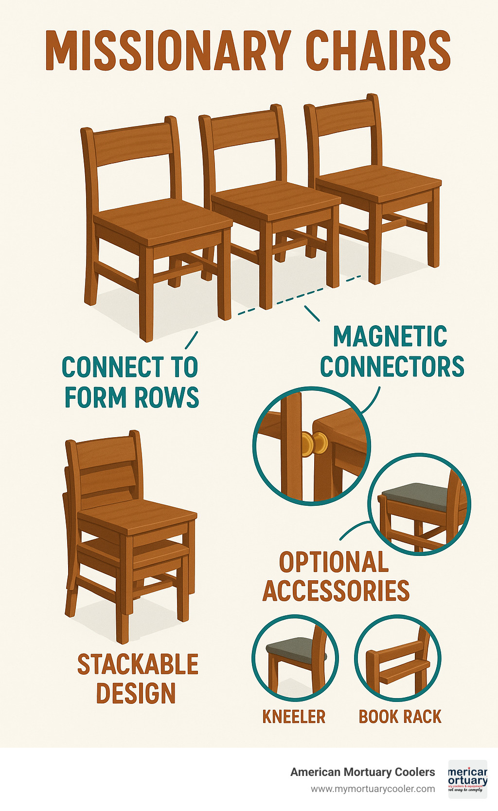 Diagram showing how missionary chairs connect to form rows with detailed callouts for magnetic connectors, stackable design, and optional accessories like kneelers and book racks - missionary chairs infographic 