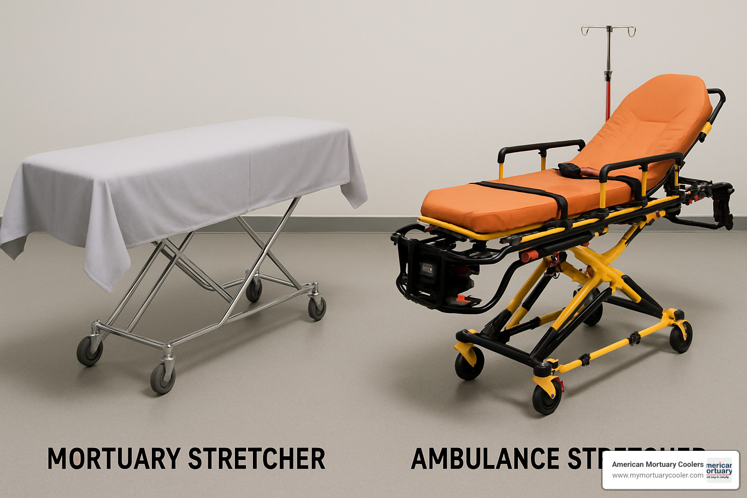 Side-by-side comparison of mortuary and ambulance stretchers - mortuary stretcher
