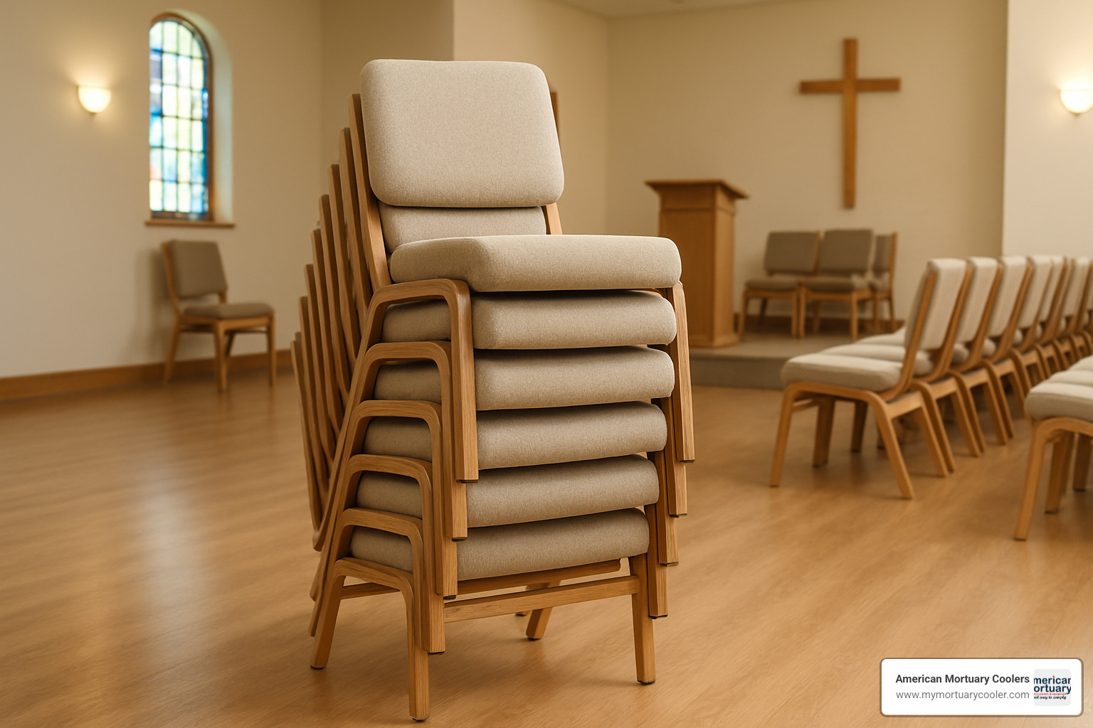 Stacked missionary chairs showing space-saving storage capability - missionary chairs