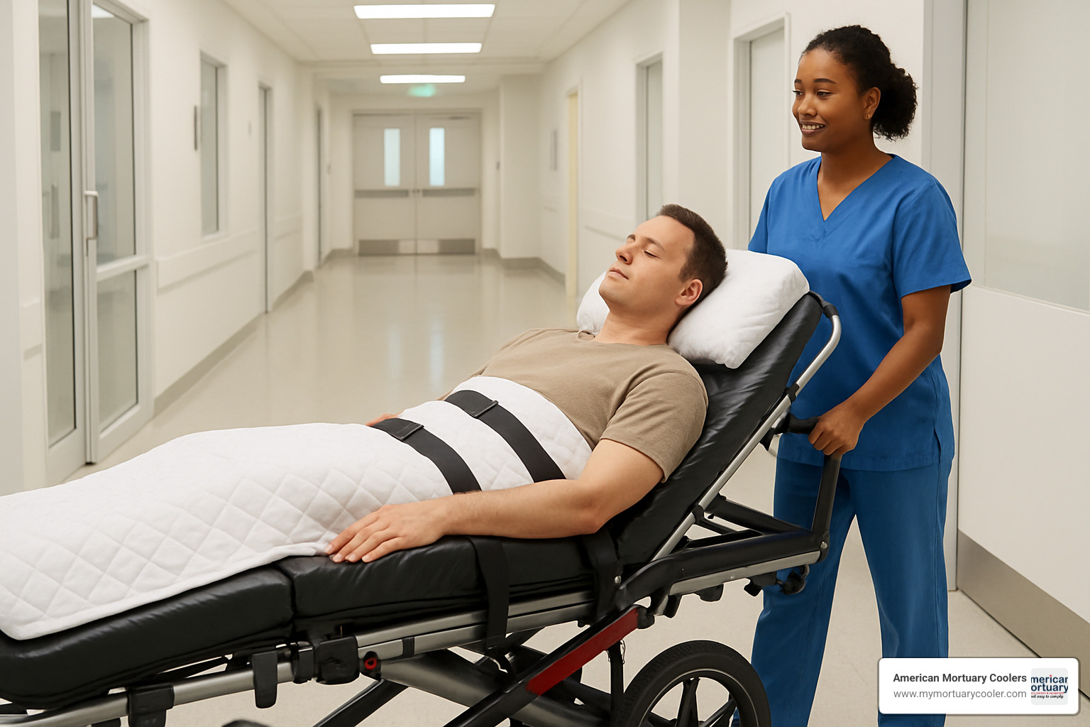 Patient being comfortably transported in a wheelchair stretcher in reclined position - wheel chair stretcher
