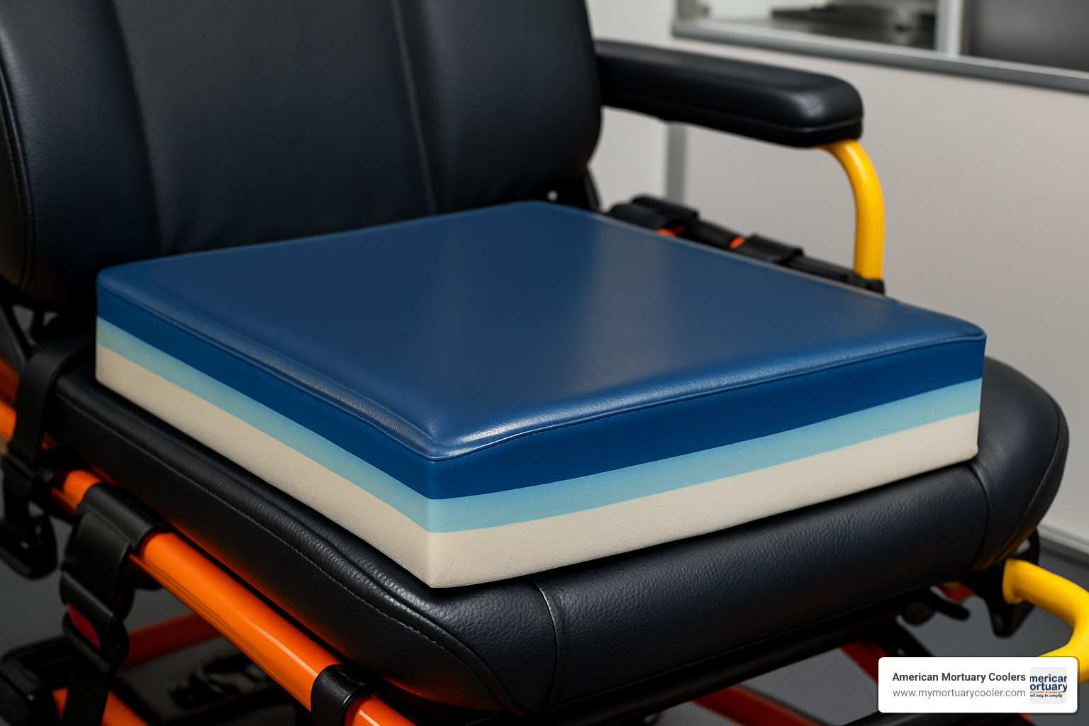 Close-up of pressure management cushioning system on a wheelchair stretcher - wheel chair stretcher