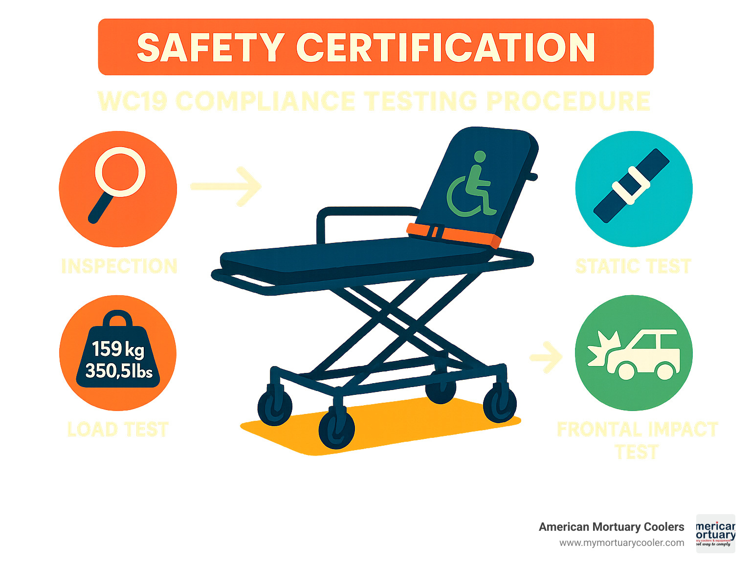 Safety certification diagram showing WC19 compliance testing procedure - wheel chair stretcher infographic 