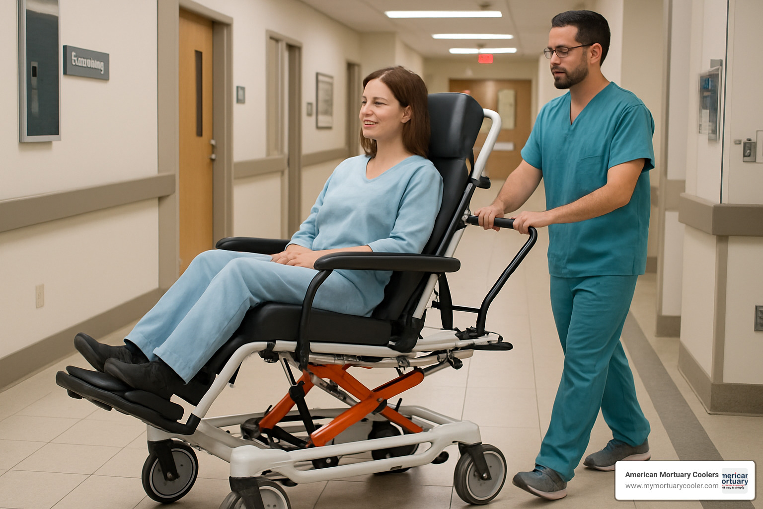 Wheelchair stretcher being used in a hospital corridor with patient and single operator - wheel chair stretcher