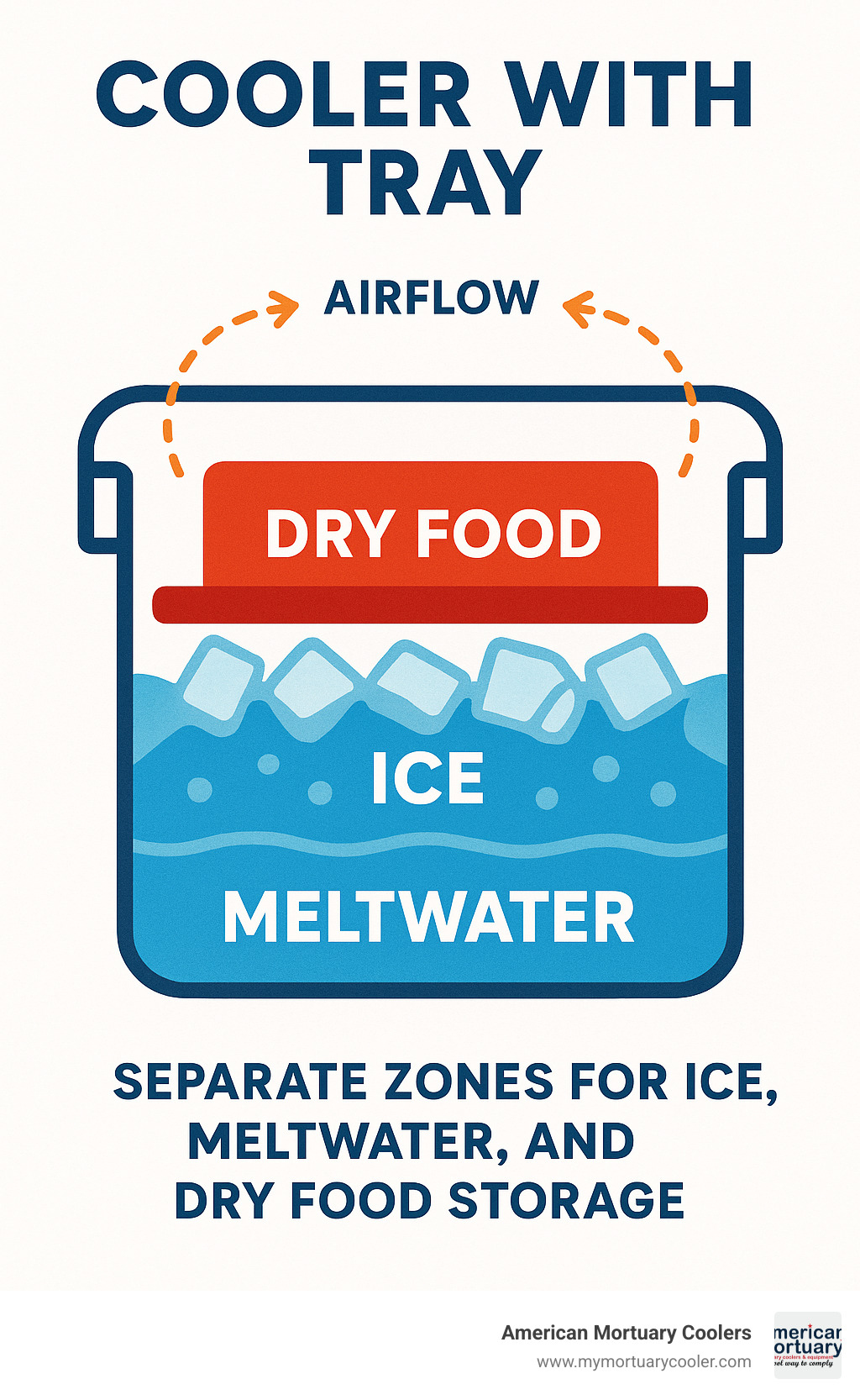 Diagram showing how a cooler tray creates separate zones for ice, meltwater, and dry food storage with airflow patterns - cooler with tray infographic 