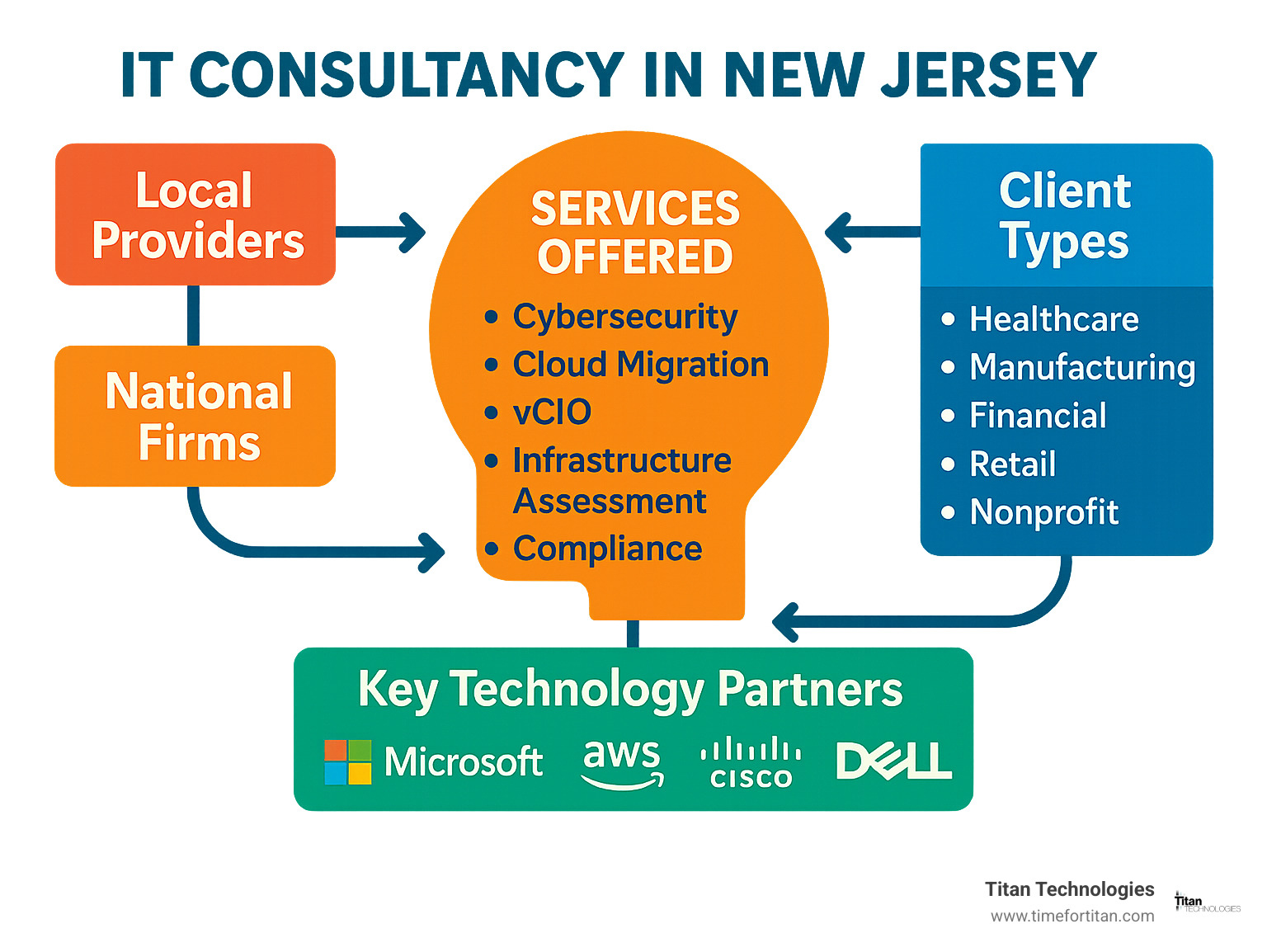 IT Consultancy in New Jersey Ecosystem showing the relationships between local providers, national firms, services offered (cybersecurity, cloud migration, vCIO, infrastructure assessment, compliance), client types (healthcare, manufacturing, financial, retail, nonprofit), and key technology partners (Microsoft, AWS, Cisco, Dell) - it consultancy in new jersey infographic 