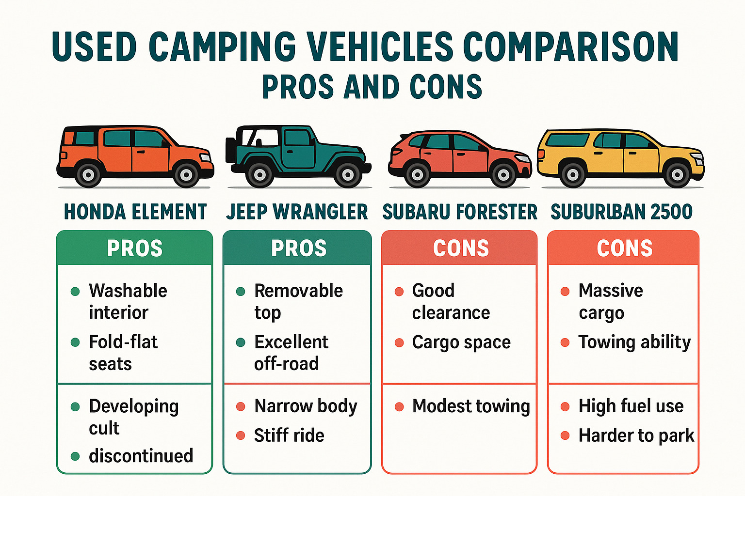 used camping vehicles comparison with pros and cons - Best cars for camping infographic 