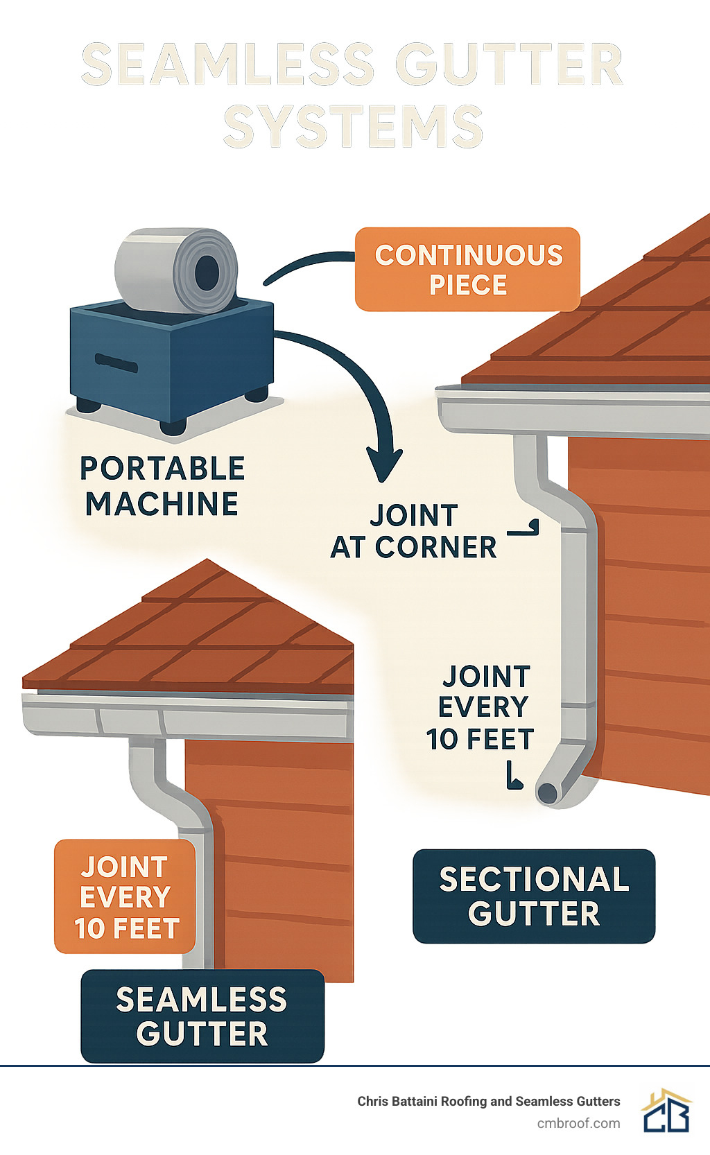 Diagram showing how seamless gutters are formed on-site with a portable machine, creating a continuous piece with joints only at corners and downspouts, compared to sectional gutters with joints every 10 feet - seamless gutter systems infographic