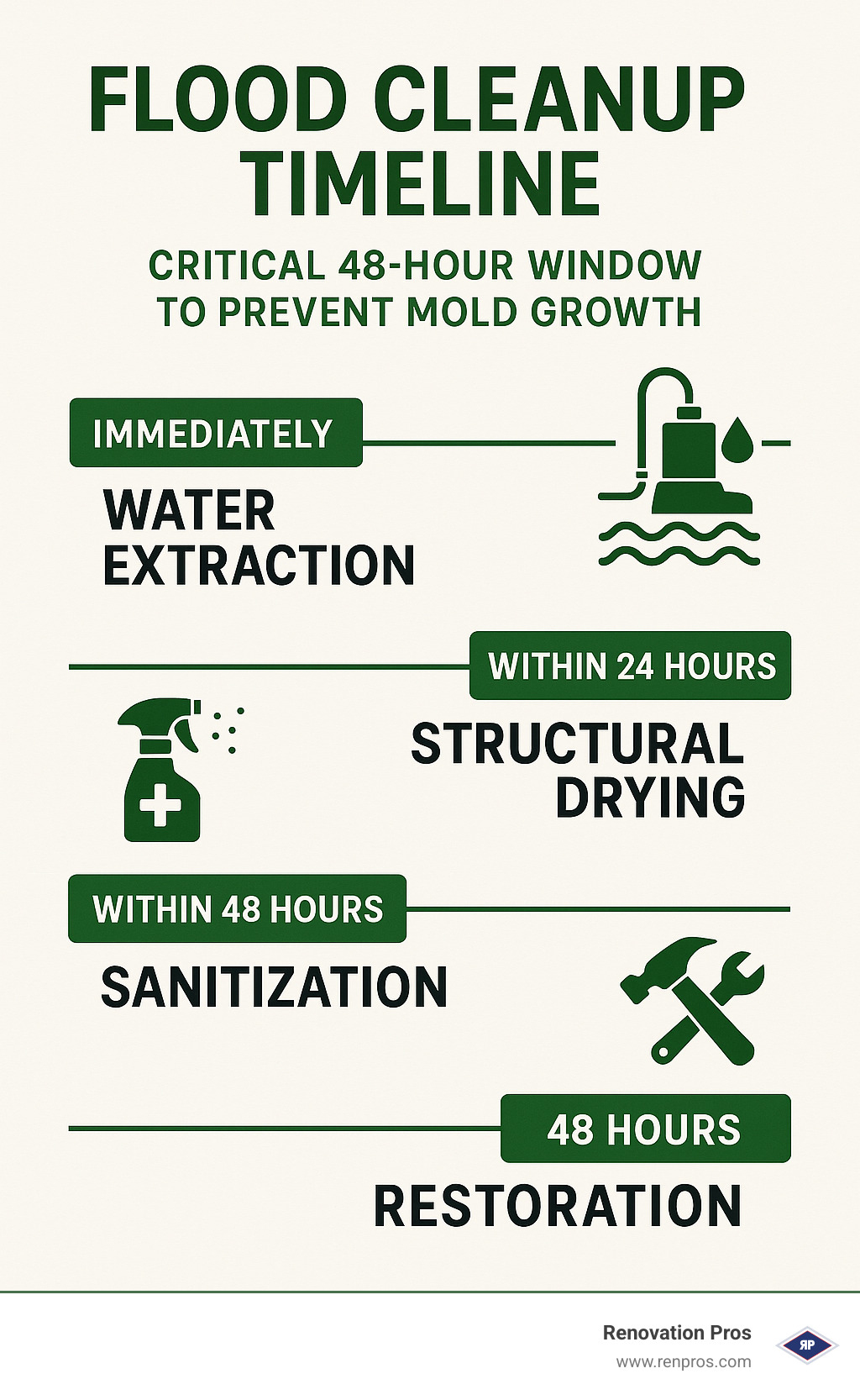 Flood cleanup timeline showing critical 48-hour window for preventing mold growth, with steps including water extraction, structural drying, sanitization, and restoration with equipment and timing requirements for each phase - flood cleanup near me infographic