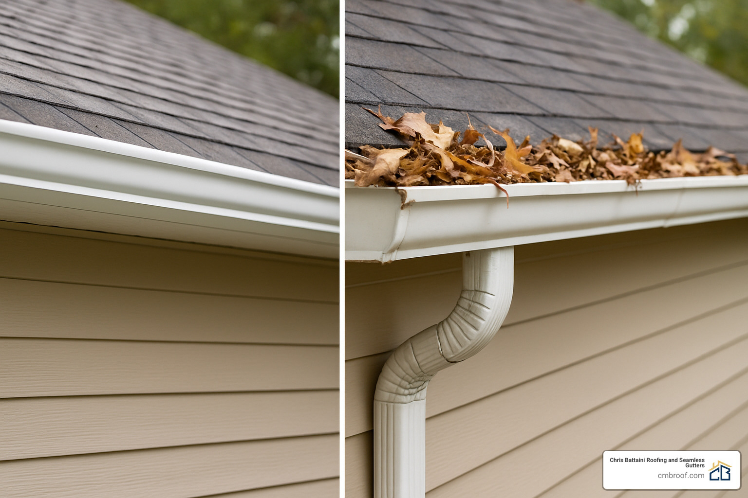 comparison of clean seamless gutter and debris-filled sectional gutter - seamless gutter systems