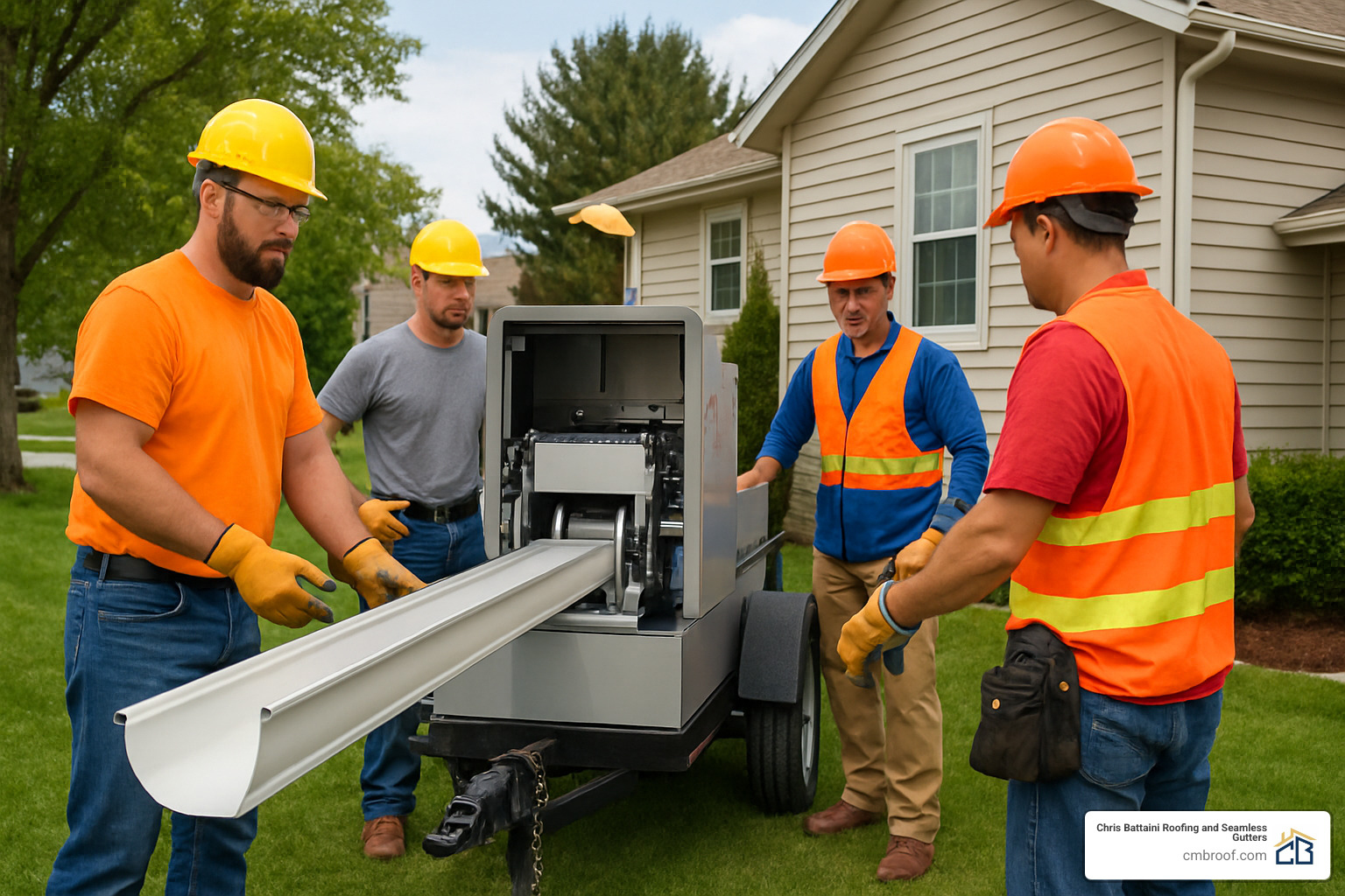 crew operating a portable seamless gutter machine - seamless gutter systems