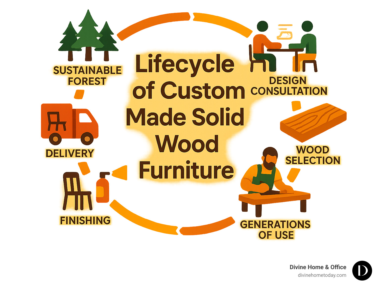 Lifecycle of custom made solid wood furniture showing the journey from sustainable forest to design consultation, wood selection, craftsmanship, finishing, delivery, and generations of use - custom made solid wood furniture infographic