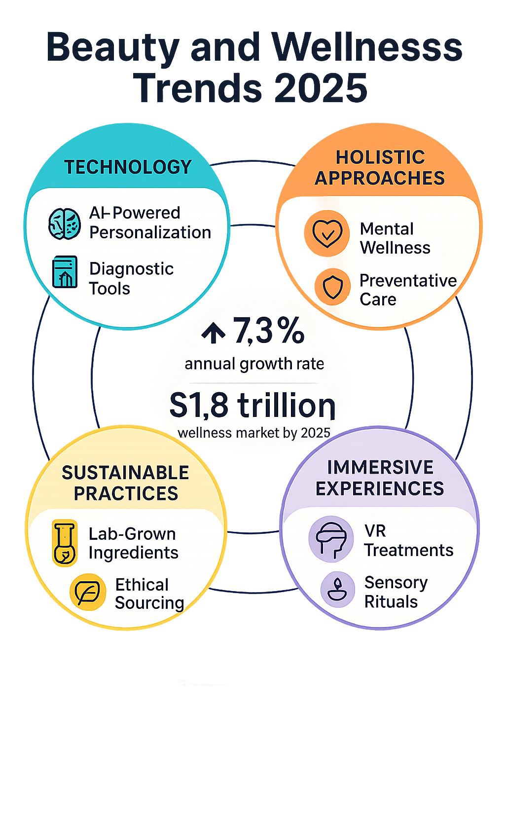 Comprehensive visualization of 2025 beauty and wellness trends showing the interconnections between technology (AI personalization, diagnostic tools), holistic approaches (mental wellness, preventative care), sustainable practices (lab-grown ingredients, ethical sourcing), and immersive experiences (VR treatments, sensory rituals), with data points on market growth and consumer preferences - Beauty and wellness trends infographic 