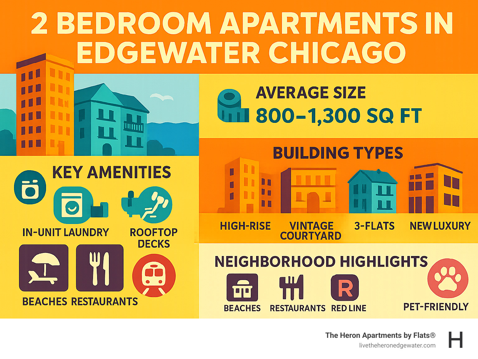 Infographic showing Edgewater 2-bedroom apartment details including: average size (800-1300 sq ft), building types (high-rise, vintage courtyard, 3-flats, new luxury), key amenities (in-unit laundry, fitness centers, rooftop decks), neighborhood highlights (beaches, restaurants, Red Line), and pet-friendly policies - 2 bedroom apartments edgewater chicago infographic 