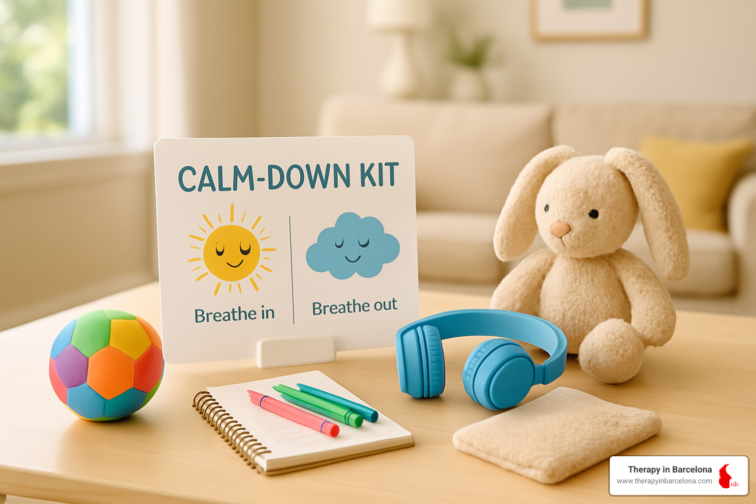child's calm-down kit: stress ball, cue cards, headphones, notebook, soft toy - Anxiety management for children child's calm-down kit: stress ball, cue cards, headphones, notebook, soft toy - Anxiety management for children