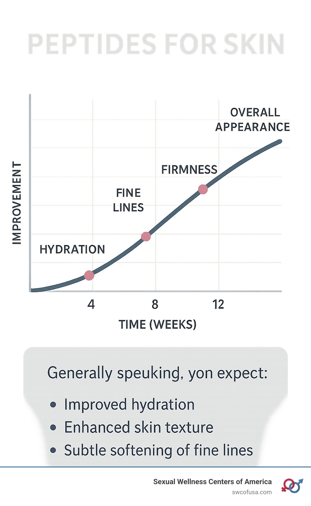 Graph showing timeline of peptide skincare results over 12 weeks including hydration, fine lines, firmness, and overall appearance improvements - peptides for skin infographic