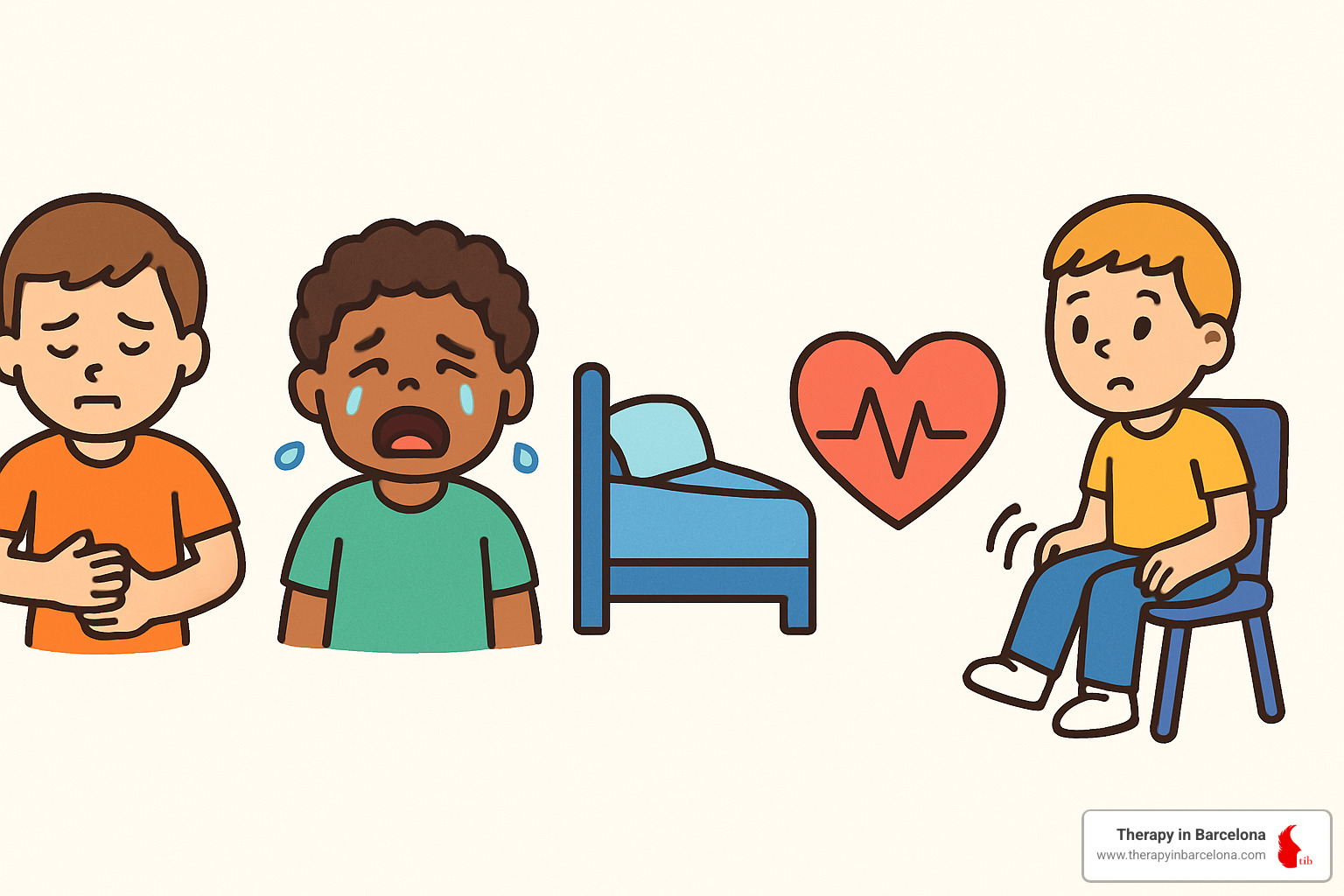 Icons of symptoms: stomach ache, crying child, bed, heart racing, fidgeting - Anxiety management for children Icons of symptoms: stomach ache, crying child, bed, heart racing, fidgeting - Anxiety management for children