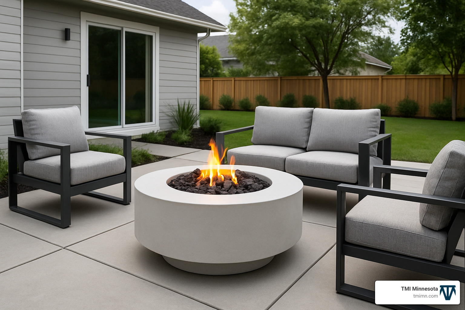4964a5115f10cb621c988bebb7144807fcd9df6a Light Up the Night: Creative Fire Pit Ideas for Your Backyard Discover top backyard fire pit ideas for any style or budget. Get inspired to create a cozy outdoor space and boost your home’s value. white round fire table on modern patio - backyard fire pit ideas