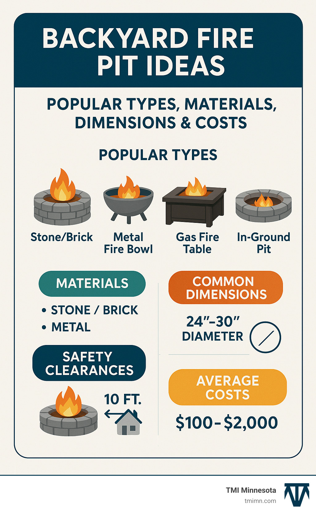 ee98051e213039358e6d8d94612df7d3470aa448 Light Up the Night: Creative Fire Pit Ideas for Your Backyard Discover top backyard fire pit ideas for any style or budget. Get inspired to create a cozy outdoor space and boost your home’s value. Infographic showing popular backyard fire pit types, materials, common dimensions, safety clearances, and average costs with visual examples of each style - backyard fire pit ideas infographic