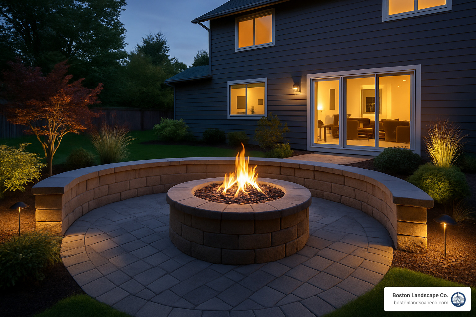 Modern backyard patio at dusk with glowing fire pit and stone seating wall, built by Boston Landscape Co. - backyard hardscape contractors