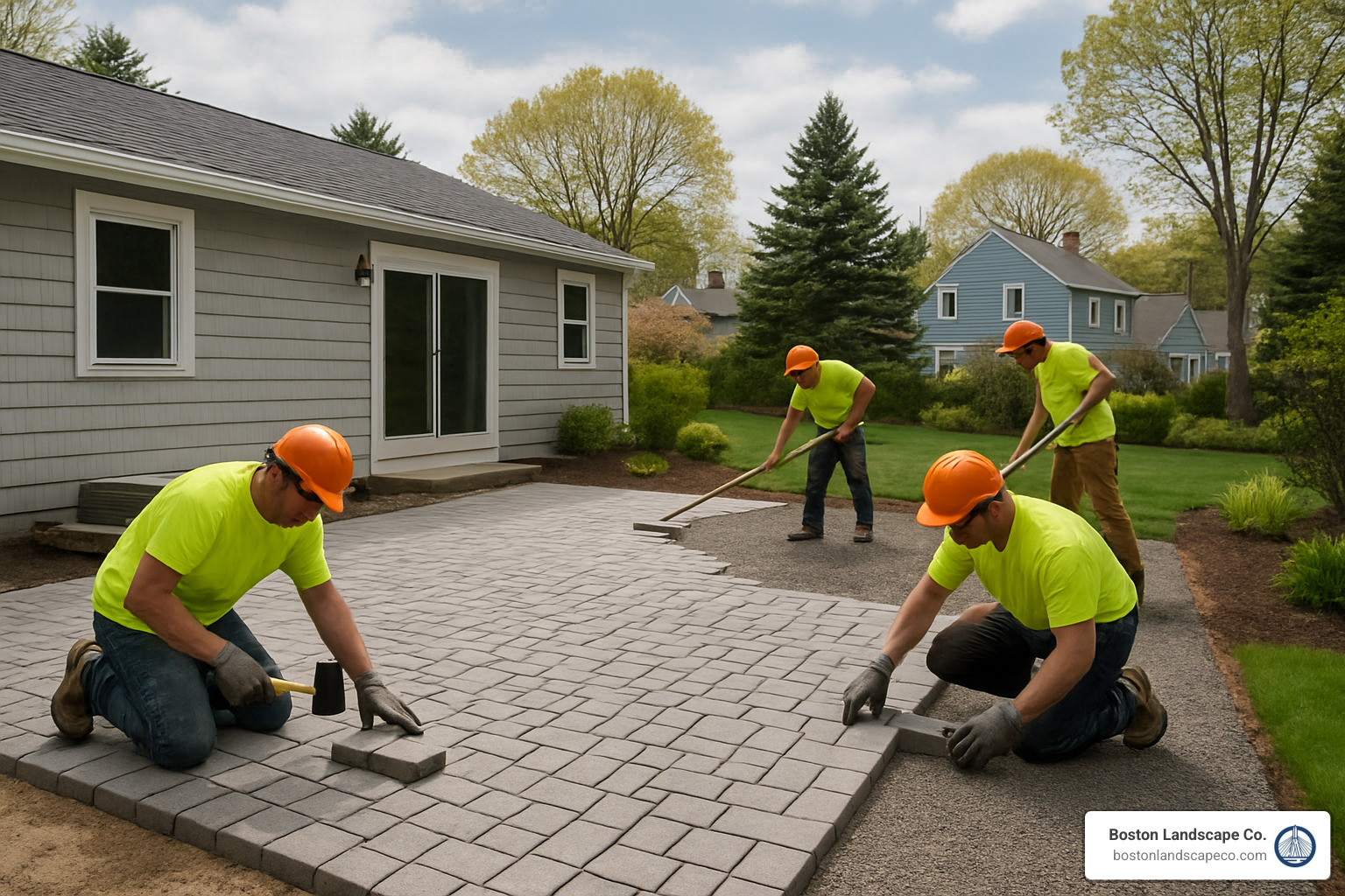 Crew installing permeable pavers on a residential patio in Billerica, MA - backyard hardscape contractors