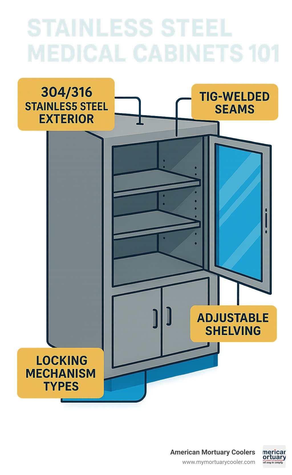 Detailed infographic showing stainless steel medical cabinet construction with labeled components including 304/316 stainless steel exterior, TIG-welded seams, tempered glass options, adjustable shelving, and locking mechanism types - stainless steel medical cabinets infographic 