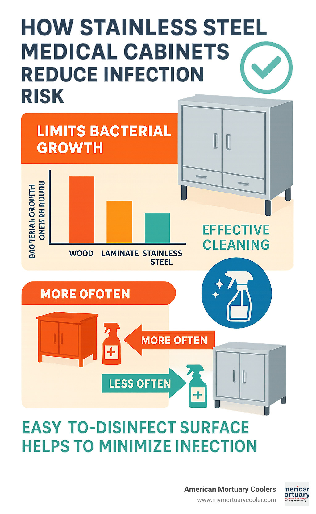 Infographic showing how stainless steel medical cabinets reduce infection risk compared to other materials, with data on bacterial growth rates and cleaning effectiveness - stainless steel medical cabinets infographic 