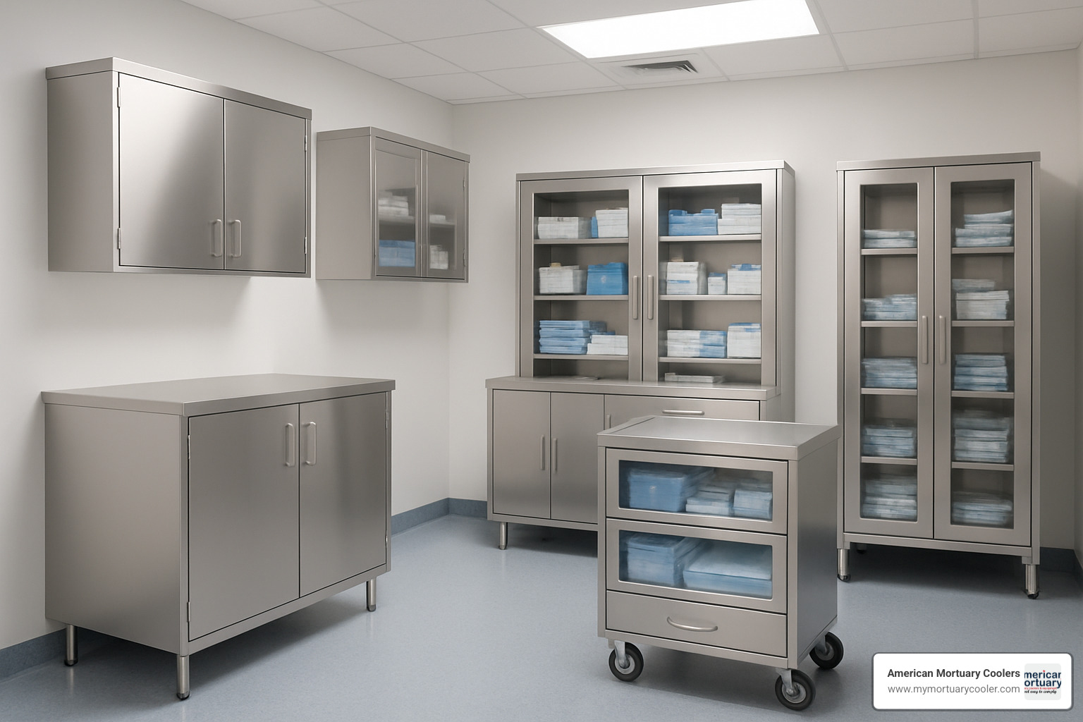 Different styles of stainless steel medical cabinets in a hospital setting - stainless steel medical cabinets