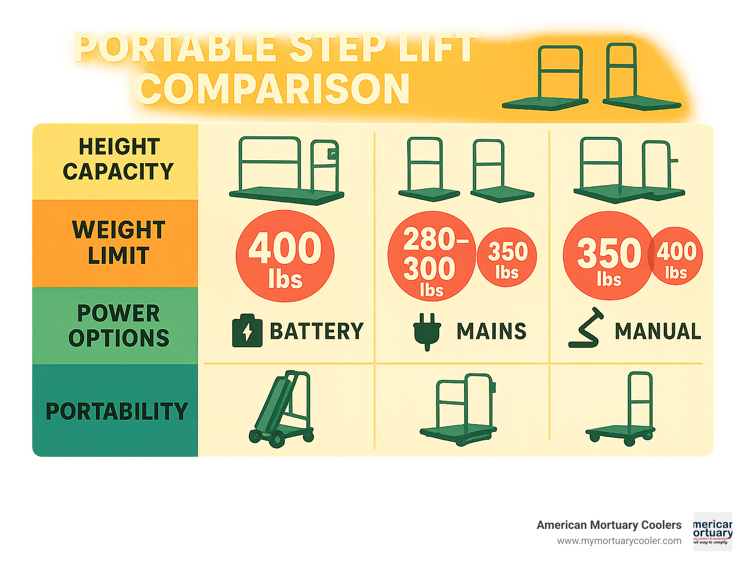 Portable step lift comparison showing height capacity, weight limits, power options, and portability features of common models - portable step lift infographic 