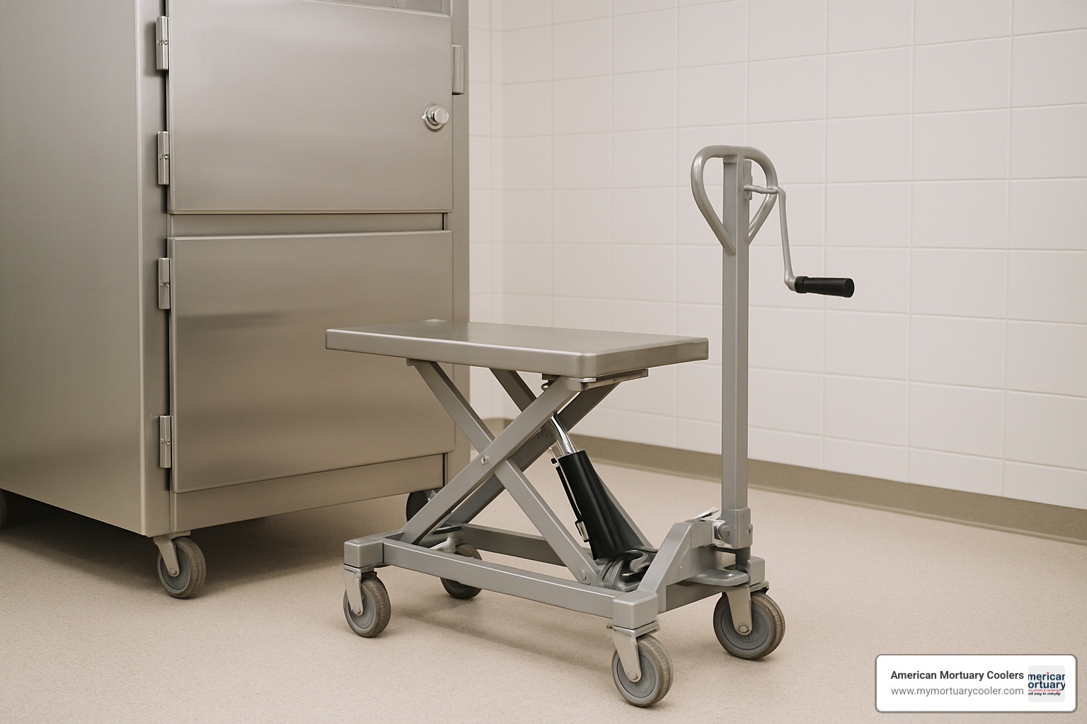 Compact hydraulic mortuary lifter with hand crank mechanism - mortuary fridge lifter