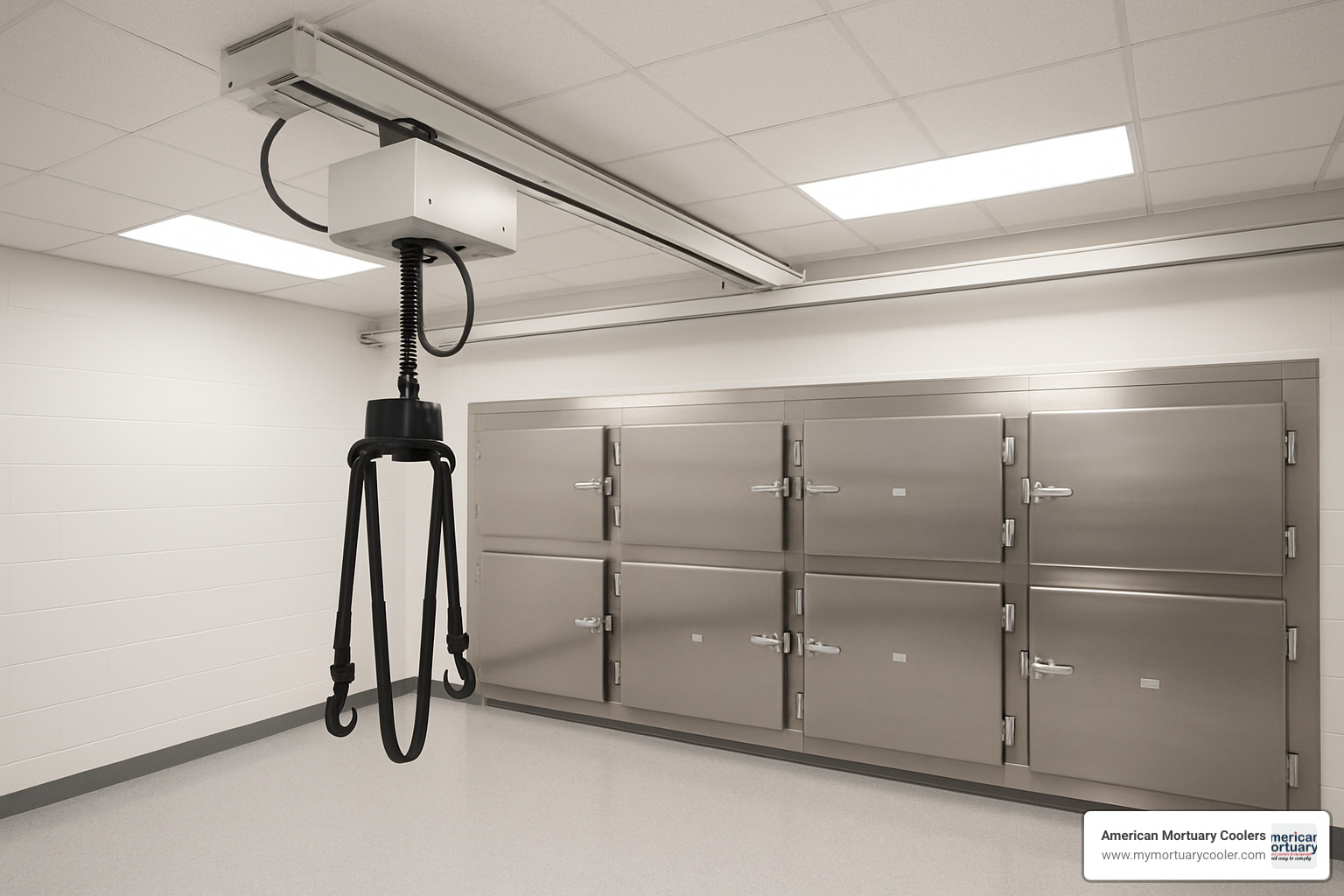 Ceiling-track mortuary lift system installed above refrigeration units - mortuary fridge lifter