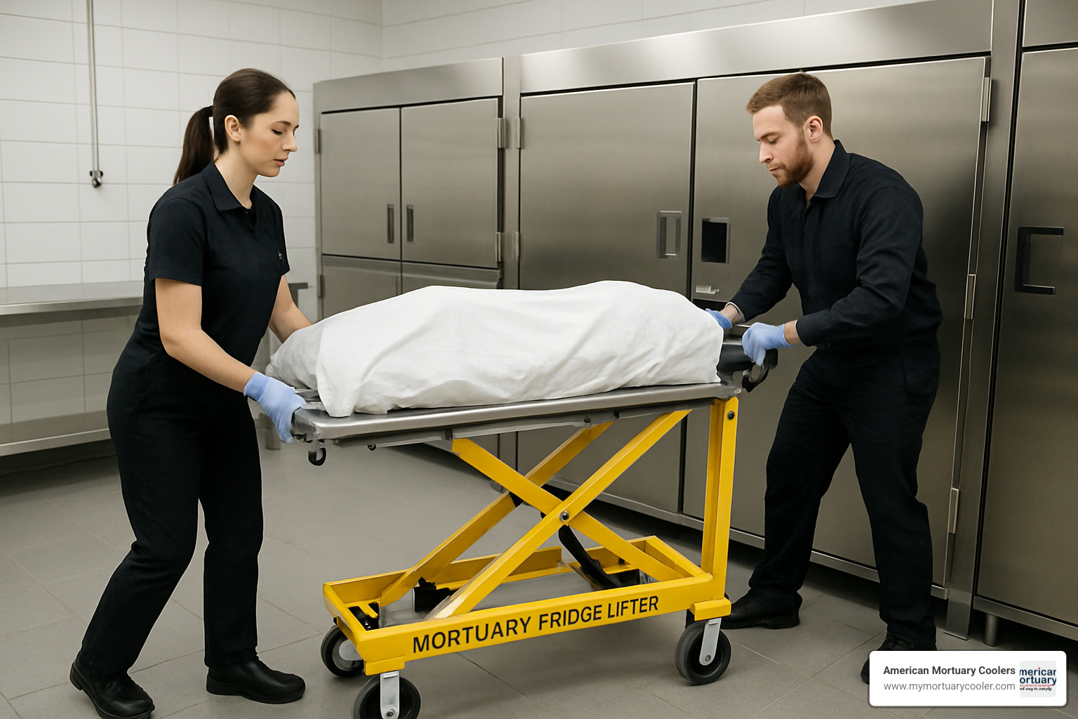Mortuary staff safely operating a fridge lifter in a modern facility - mortuary fridge lifter