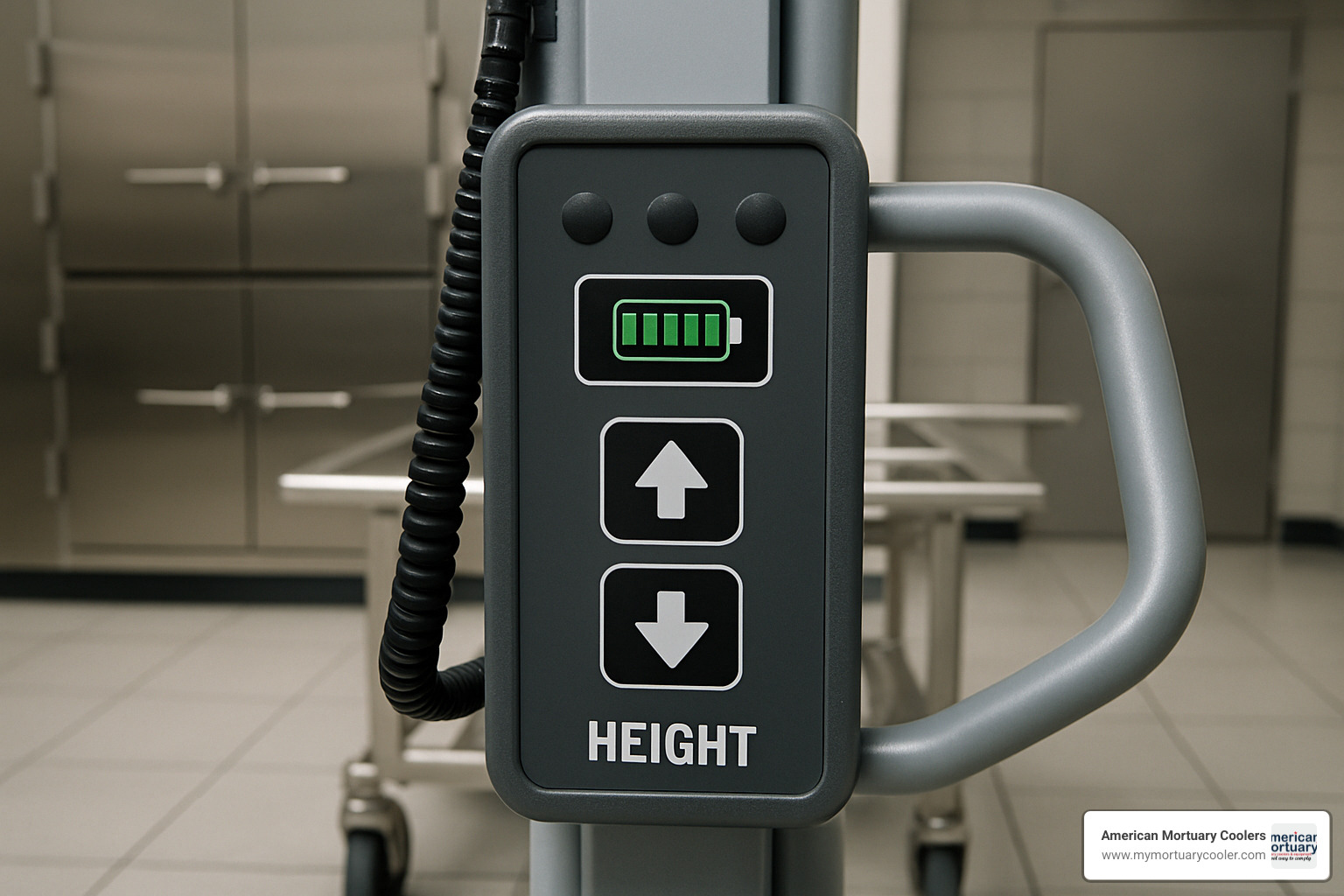 Control panel of modern electric mortuary fridge lifter showing height controls and battery indicator - mortuary fridge lifter