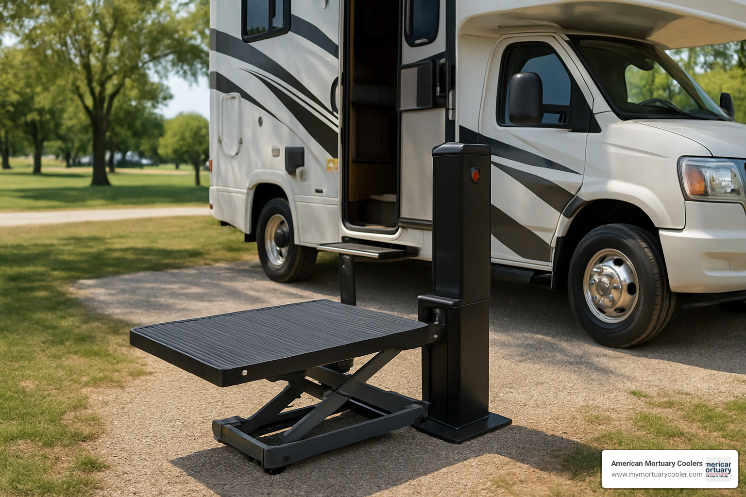 step lift attached to RV - portable step lift