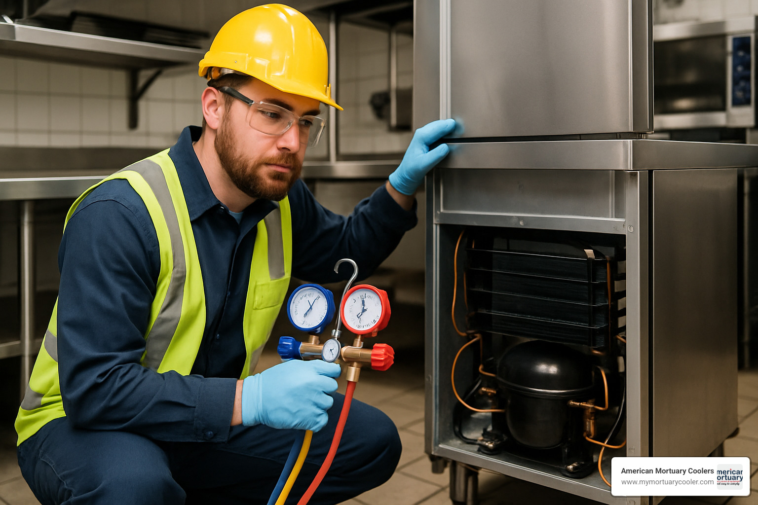 Technician performing maintenance on commercial refrigeration unit - used commercial fridge