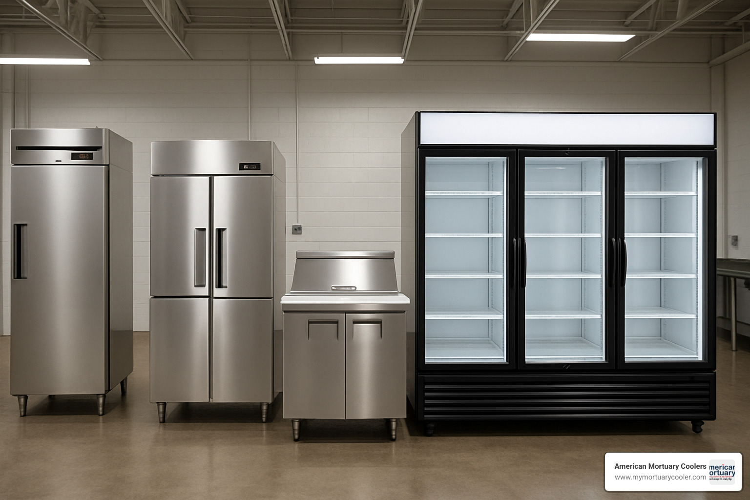 Commercial refrigeration lineup showing different types and sizes - used commercial fridge