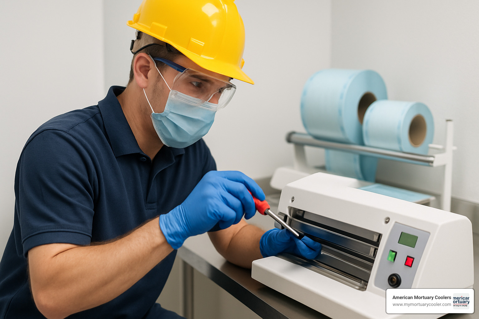 Technician performing maintenance on medical heat sealer - medical heat sealer