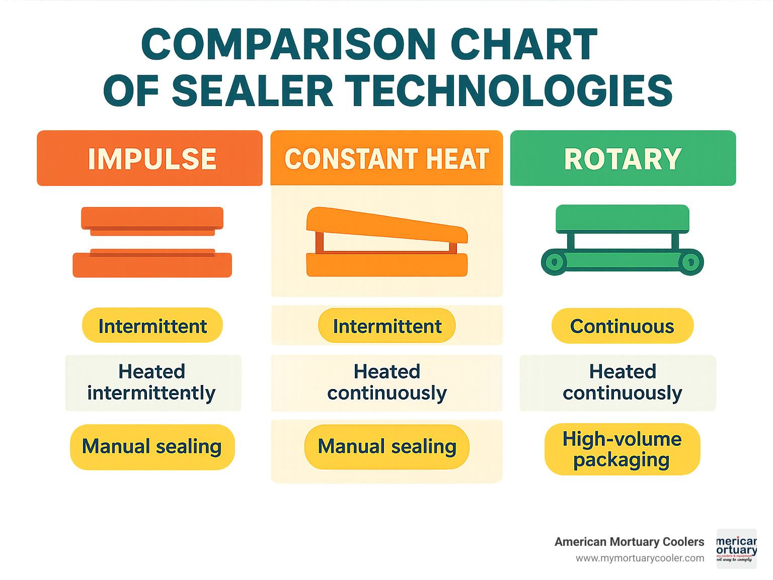 Comparison chart of impulse, constant heat, and rotary sealer technologies - medical heat sealer infographic 