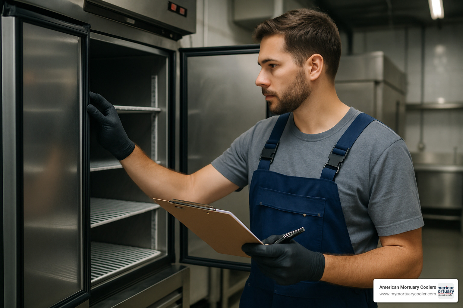 Technician inspecting commercial refrigeration unit with checklist - used commercial fridge