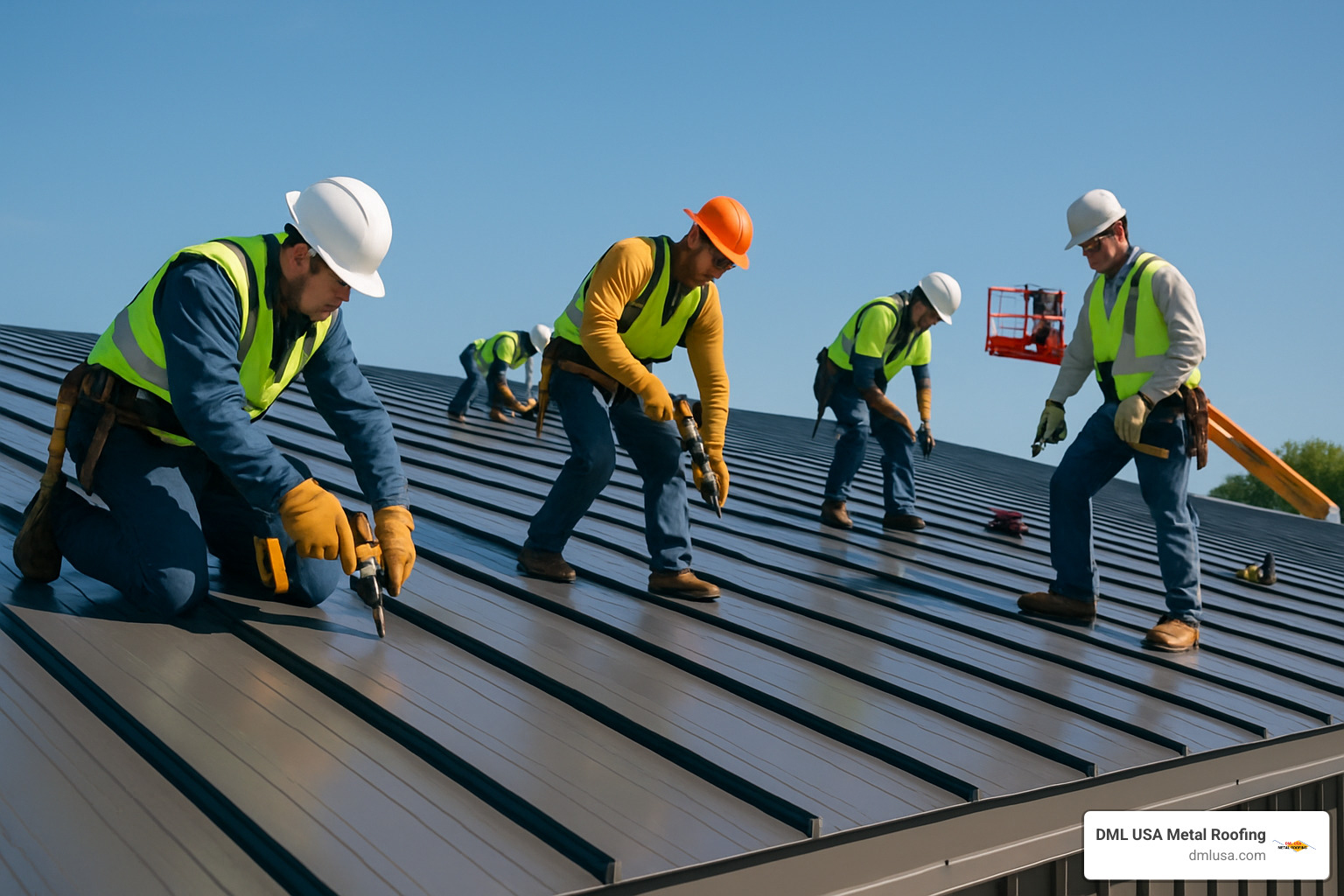 metal roofing installation team working on a commercial building - metal roofing and siding experts