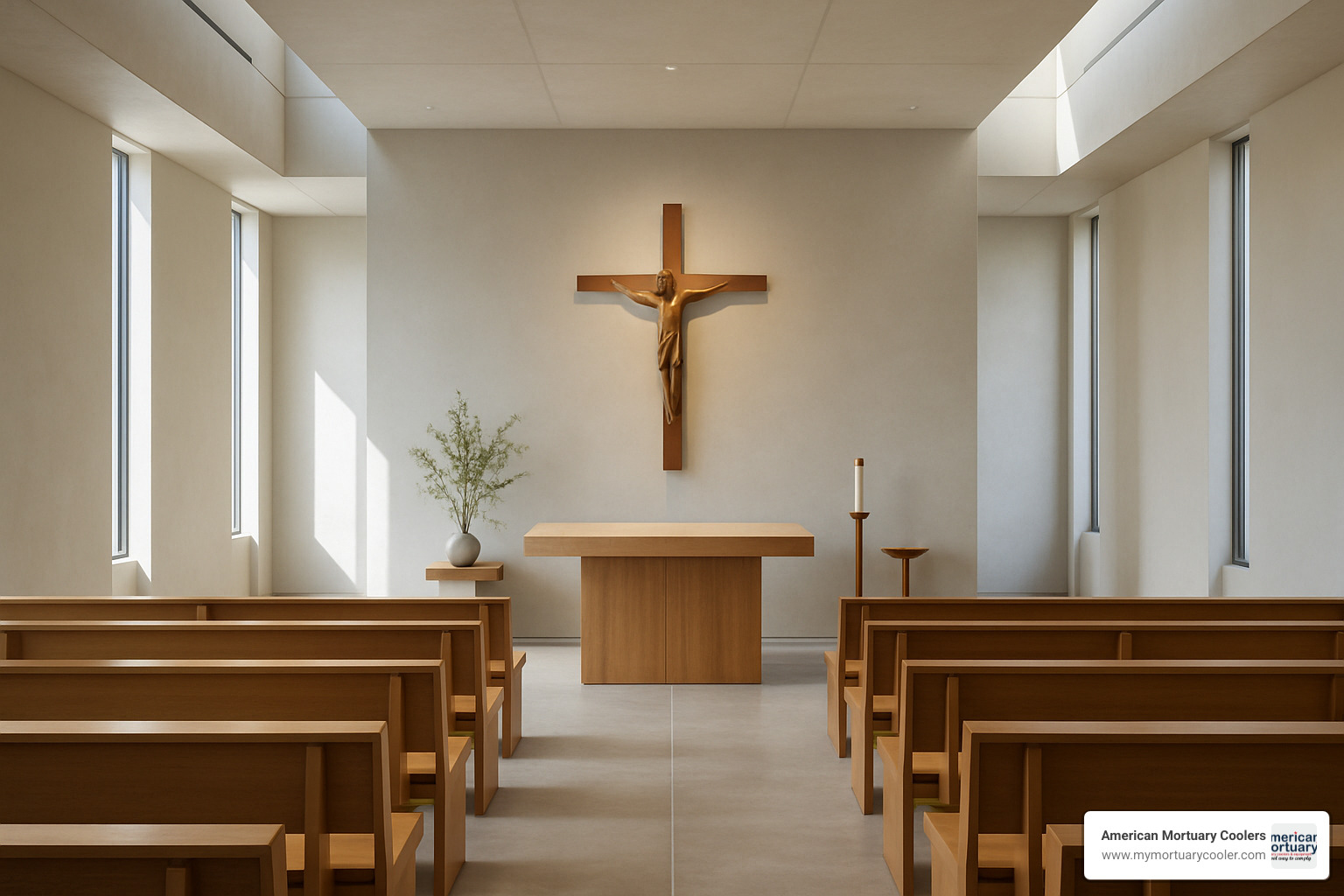 modern chapel with integrated teak and brass crucifix - modernist crucifix