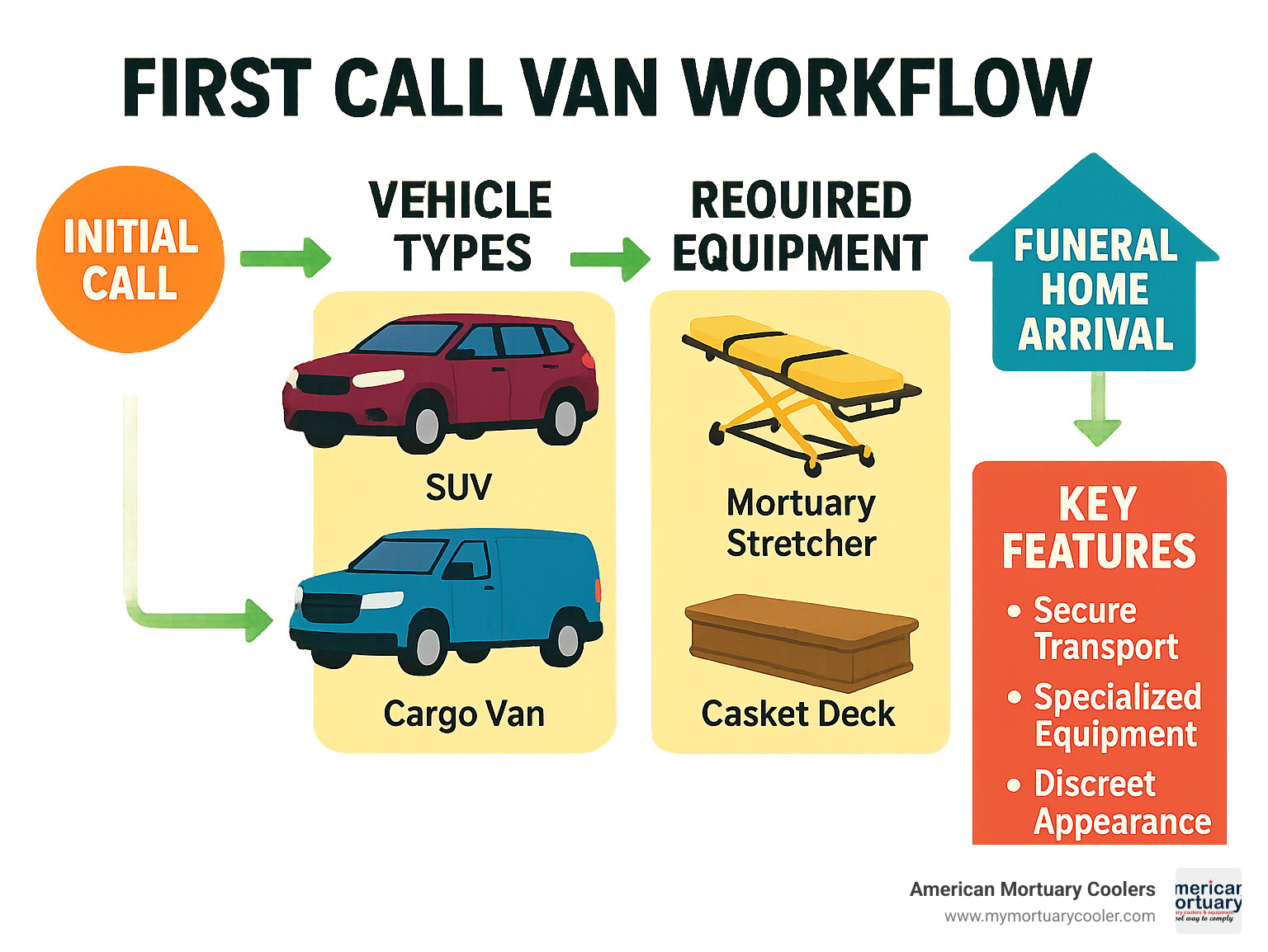 Diagram showing the workflow of a first call van from initial call to funeral home arrival, featuring vehicle types, required equipment, and key features - first call van infographic 