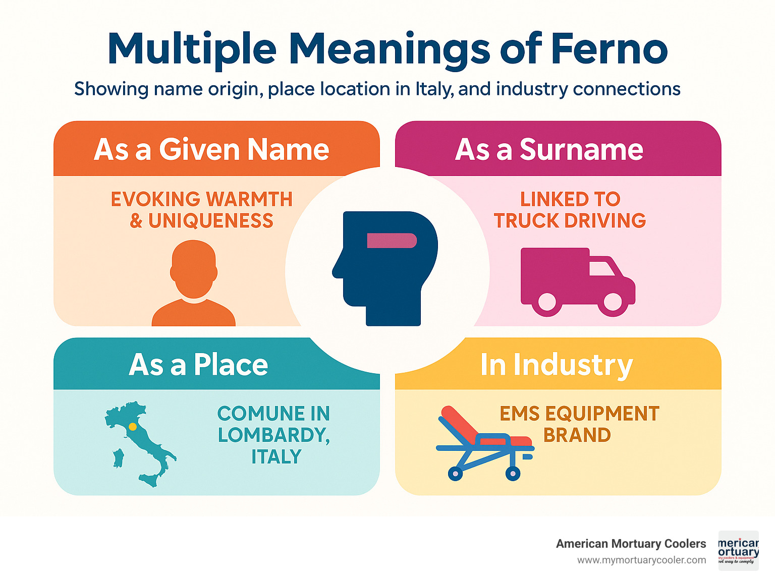 Multiple meanings of Ferno showing name origin, place location in Italy, and industry connections - ferno meaning infographic 