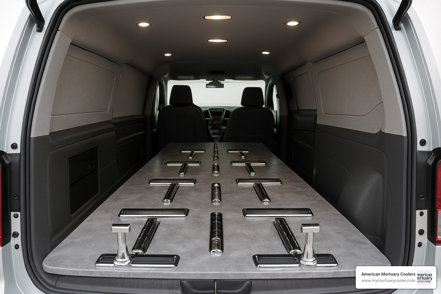 interior of a first call van showing casket deck and roller system - first call van